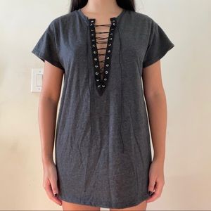 Windsor Gray Criss Cross Lace Up T Shirt Boxy Sexy Mini Dress Metal Grommet